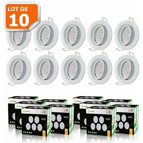 Lot De 10 Spot Led Encastrable Complete Orientable Blanc Avec Ampoule Gu10 230v Eq. 50w, Lumiere Blanc Neutre 1 Lot De 10 Spot Led Encastrable Complete Orientable Blanc Avec Ampoule Gu10 230v Eq. 50w, Lumiere Blanc Neutre