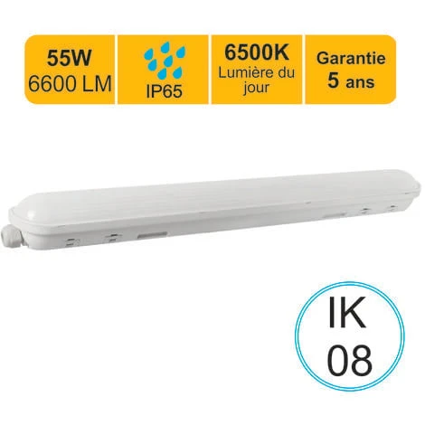 Réglette LED étanche 1500mm 55W 6600 LM 6500K IP65 - Interconnectable - Garantie 5 Ans 1 Réglette LED étanche 1500mm 55W 6600 LM 6500K IP65 - Interconnectable - Garantie 5 Ans