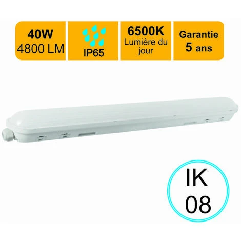 Réglette LED étanche 1200mm 40W 4800 LM 6500K IP65 - Interconnectable - Garantie 5 Ans 1 Réglette LED étanche 1200mm 40W 4800 LM 6500K IP65 - Interconnectable - Garantie 5 Ans