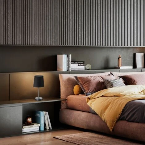 B.K.Licht Lampe De Table Design Moderne, Tissu Noir, Pied Métal Nickel Mat, Pour Ampoule LED E14, IP20 3 B.K.Licht Lampe De Table Design Moderne, Tissu Noir, Pied Métal Nickel Mat, Pour Ampoule LED E14, IP20 – Image 3