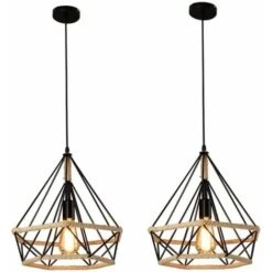 2x Corde De Chanvre Cage Lampe De Plafond,Lustre Suspension Industrielle 25cm En Forme Diamant Corde De Chanvre Noir