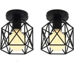 Lot De 2 Plafonnier Industrielle En Métal Cage Carré, Lustre Abat-jour Fer Luminaire E27 40W Noir Pour Salon Chambre Bar