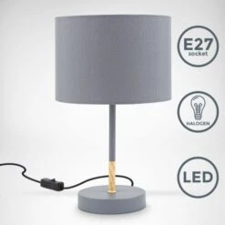 Lampe De Table Tissu Gris, Douille E27, Ø 20cm, Interrupteur Câble, Câble De 140cm Lampe De Chevet