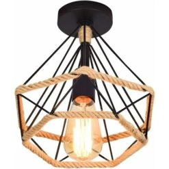 Lampe De Plafond Rétro Vintage Plafonnier Industrielle Cage En Forme Diamant En Métal Avec Corde De Chanvre Fer Lustre Suspension Luminaire Pour Salon Salle Chambre Décorer Maison