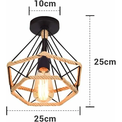 Lampe De Plafond Rétro Vintage Plafonnier Industrielle Cage En Forme Diamant En Métal Avec Corde De Chanvre Fer Lustre Suspension Luminaire Pour Salon Salle Chambre Décorer Maison 5 Lampe De Plafond Rétro Vintage Plafonnier Industrielle Cage En Forme Diamant En Métal Avec Corde De Chanvre Fer Lustre Suspension Luminaire Pour Salon Salle Chambre Décorer Maison – Image 5