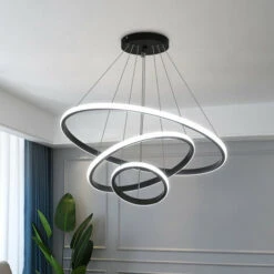 Plafonnier LED, Lustre Moderne LED 76W En Forme De Cercle Noir, 3 Anneaux, Suspension En Aluminium 6000K