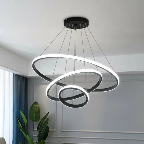 Plafonnier LED, Lustre Moderne LED 76W En Forme De Cercle Noir, 3 Anneaux, Suspension En Aluminium 6000K 1 Plafonnier LED, Lustre Moderne LED 76W En Forme De Cercle Noir, 3 Anneaux, Suspension En Aluminium 6000K