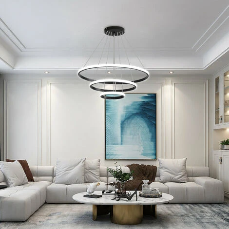 Plafonnier LED, Lustre Moderne LED 76W En Forme De Cercle Noir, 3 Anneaux, Suspension En Aluminium 6000K 2 Plafonnier LED, Lustre Moderne LED 76W En Forme De Cercle Noir, 3 Anneaux, Suspension En Aluminium 6000K – Image 2