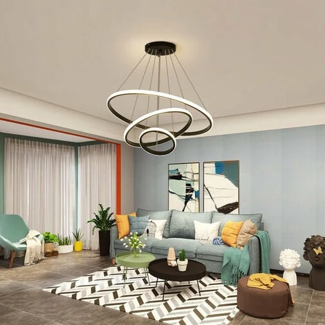 Plafonnier LED, Lustre Moderne LED 76W En Forme De Cercle Noir, 3 Anneaux, Suspension En Aluminium 6000K 3 Plafonnier LED, Lustre Moderne LED 76W En Forme De Cercle Noir, 3 Anneaux, Suspension En Aluminium 6000K – Image 3
