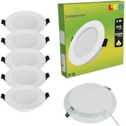 Lot De 5 Spot Encastrable LED Downlight Panel Extra-Plat 3W Blanc Froid 6000K