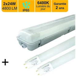 Boitier étanche Traversant IP65 150cm + 2 Tubes LED 2x24W 4800lm 6500K - Garantie 2 Ans
