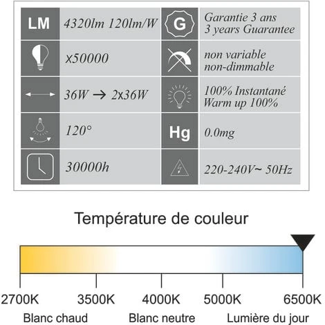 Réglette LED Intégrée 120cm 36W 4320lm - 6500K Lumière Du Jour - Garantie 3 Ans 3 Réglette LED Intégrée 120cm 36W 4320lm - 6500K Lumière Du Jour - Garantie 3 Ans – Image 3