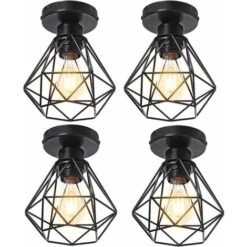 4x Plafonnier Stoex Luminaire Industriel Vintage Design Rétro Cage Diamant En Fer Forge, Lampe De Plafond Métal E27 Pour Cuisine Salon Chambre (Noir)