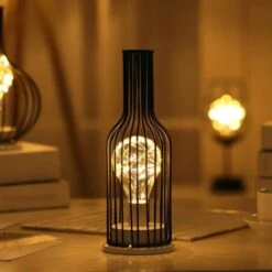 Veilleuse Rétro En Fer, Lampe De Table Créative Bouteille De Vin, Lampe De Nuit En Fil De Cuivre Pour Home Restaurant Hotel Piles Non Incluses