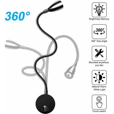 GDRHVFD 2 Pack Lampe Chevet Murale, Lumières Applique Liseuse Led Col De Cygne Lumière 3W, 3000K Blanc Chaud Lampe De Lecture(Noir) 2 GDRHVFD 2 Pack Lampe Chevet Murale, Lumières Applique Liseuse Led Col De Cygne Lumière 3W, 3000K Blanc Chaud Lampe De Lecture(Noir) – Image 2