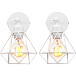 Lot De 2 Applique Murale Interieur Industrielle Réglable Cage Forme Diamant Vintage E27 Pour Salons Chambres Couloir Escaliers Blanc