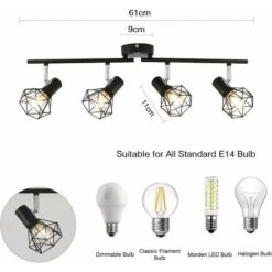Plafonnier LED 4 Spots Orientables Pivotants Plafonnier Industrielle Rétro En Métal Noir Cage, Spots De Plafond Suspension Luminaire Spot Led Pour Cuisine Couloir Salon Chambre Coucher -EUROPALAMP Soldes Magasin 57816505 3