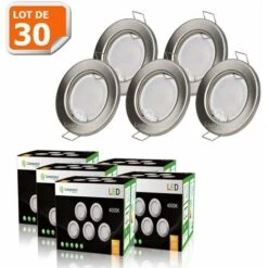 Lot De 30 Spot Led Encastrable Complète Ronde Fixe Alu Brossé Blanc Neutre Eq. 50w