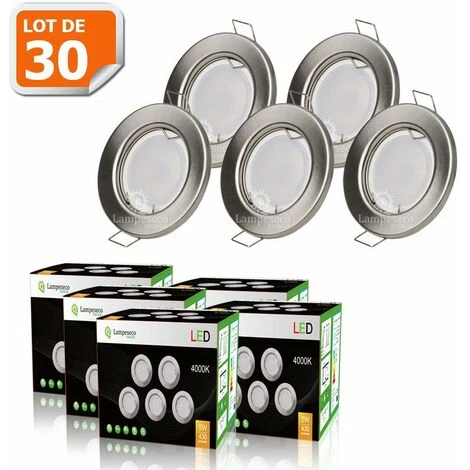 Lot De 30 Spot Led Encastrable Complète Ronde Fixe Alu Brossé Blanc Neutre Eq. 50w 1 Lot De 30 Spot Led Encastrable Complète Ronde Fixe Alu Brossé Blanc Neutre Eq. 50w