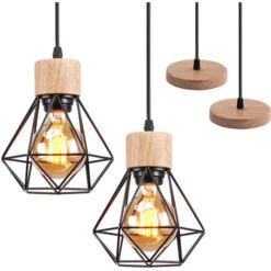 Lot De 2 Lustre Suspension Industriel Vintage Interieur, Stoex Lampe De Plafond En Bois Et Métal Douille E27 Cage Diamant Rétro Pour Salon, Chambre, Cuisine,Restaurant, E27, Noir