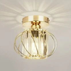 LED Luminaires De Plafond à Cristaux, Lustre Plafonnier Cage Et Cristal E27 Pour Cuisine Couloir Salles à Manger Salons Bar (Gold)