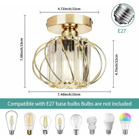 LED Luminaires De Plafond à Cristaux, Lustre Plafonnier Cage Et Cristal E27 Pour Cuisine Couloir Salles à Manger Salons Bar (Gold) 4 LED Luminaires De Plafond à Cristaux, Lustre Plafonnier Cage Et Cristal E27 Pour Cuisine Couloir Salles à Manger Salons Bar (Gold) – Image 4