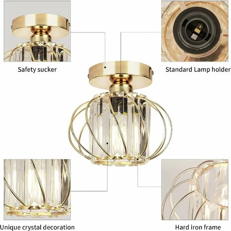 LED Luminaires De Plafond à Cristaux, Lustre Plafonnier Cage Et Cristal E27 Pour Cuisine Couloir Salles à Manger Salons Bar (Gold) 5 LED Luminaires De Plafond à Cristaux, Lustre Plafonnier Cage Et Cristal E27 Pour Cuisine Couloir Salles à Manger Salons Bar (Gold) – Image 5