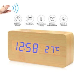 Réveil électronique LED Numérique En Bois Affichage De L'heure/température/date Horloge De Bureau 3 Niveaux De Luminosité Commande Vocale Charge USB Ou Alimentation Par Batterie -- Bois Naturel (bois Naturel)