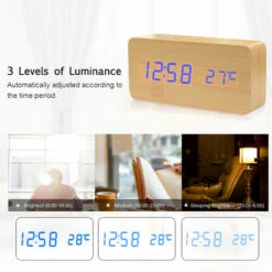 Réveil électronique LED Numérique En Bois Affichage De L'heure/température/date Horloge De Bureau 3 Niveaux De Luminosité Commande Vocale Charge USB Ou Alimentation Par Batterie -- Bois Naturel (bois Naturel) -EUROPALAMP Soldes Magasin 68916357 3