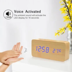 Réveil électronique LED Numérique En Bois Affichage De L'heure/température/date Horloge De Bureau 3 Niveaux De Luminosité Commande Vocale Charge USB Ou Alimentation Par Batterie -- Bois Naturel (bois Naturel) -EUROPALAMP Soldes Magasin 68916357 4