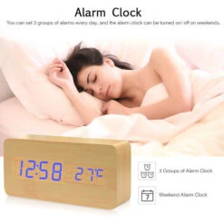 Réveil électronique LED Numérique En Bois Affichage De L'heure/température/date Horloge De Bureau 3 Niveaux De Luminosité Commande Vocale Charge USB Ou Alimentation Par Batterie -- Bois Naturel (bois Naturel) -EUROPALAMP Soldes Magasin 68916357 5