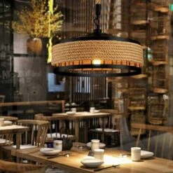 Lustre En Corde Chanvre Rétro Industriel Fer Lampe Suspendue Vintage Loft E27 Pendentif Lumières Réglable En Hauteur Suspension Intérieur Éclairage Salle À Manger Chambre Salon Cuisine Lampes,30cm -EUROPALAMP Soldes Magasin 75288464 3