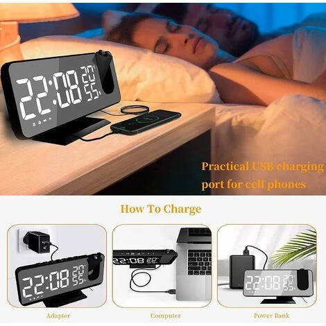 Reveil Projecteur Avec Radio, Horloge Numérique, Radio Reveil USB Avec Double Alarme Et Écran Miroir LED De 7(caractères Blancs) 5 Reveil Projecteur Avec Radio, Horloge Numérique, Radio Reveil USB Avec Double Alarme Et Écran Miroir LED De 7(caractères Blancs) – Image 5