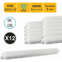 Lot De 12 Réglettes LED étanche 1500mm 55W 6600 LM 4000K IP65 - Interconnectable - Garantie 5 Ans