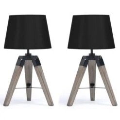 Lot De 2 Lampes De Chevet Trépied HILDA En Bois Foncé Noires