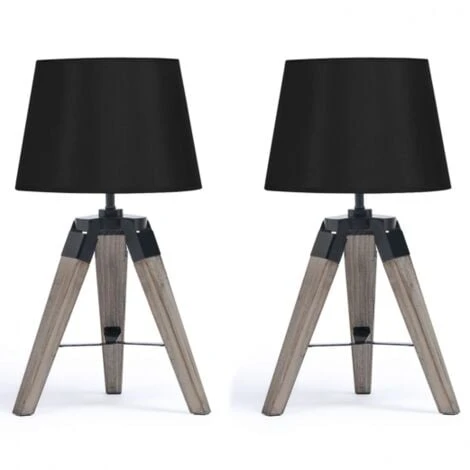 Lot De 2 Lampes De Chevet Trépied HILDA En Bois Foncé Noires 1 Lot De 2 Lampes De Chevet Trépied HILDA En Bois Foncé Noires