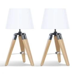 Lot De 2 Lampes De Chevet Trépied HILDA En Bois Clair Blanches