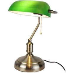 Lampe De Bureau Banquier - Opaline Verte - 37 CM - Avec Chaînette