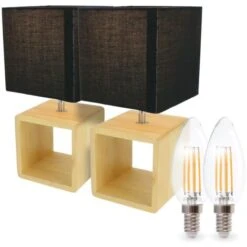 Lot De 2 Lampes De Chevet Et Table A Poser Bois E14 30cm BRAGI Avec Ses Ampoules LED 4,9W Filament