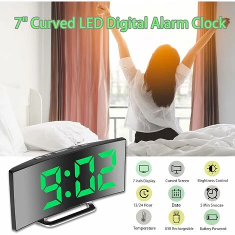 Aunrtb Réveil Numérique Pour Chambres à Coucher, écran Miroir 7'' LED, 2 Luminosités, 12/24H, Température, Date, Veilleuse, Répétition, Chargement USB Et Alimentation Par Batterie (Vert) 2 Aunrtb Réveil Numérique Pour Chambres à Coucher, écran Miroir 7'' LED, 2 Luminosités, 12/24H, Température, Date, Veilleuse, Répétition, Chargement USB Et Alimentation Par Batterie (Vert) – Image 2