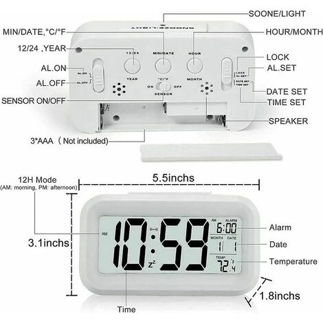 DHKLFA Réveil Digital Réveil Matin, Horloge Numérique Réveil à Pile Silencieux Pour Enfants Adultes Grand écran LED Température Calendrier(Blanc) 5 DHKLFA Réveil Digital Réveil Matin, Horloge Numérique Réveil à Pile Silencieux Pour Enfants Adultes Grand écran LED Température Calendrier(Blanc) – Image 5