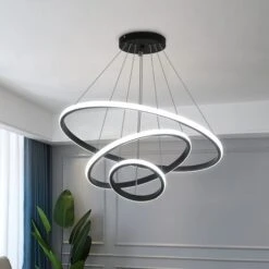 Lampe à Suspension Au Plafond Cercle Noir 3 Anneaux 76 W Plafonniers à LED En Aluminium Diamètre 60 Cm, Lustre Moderne à LED 6000K