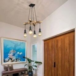 Suspensions Vintage, Plafonnier Industriel En Bois Et Métal Noir, 4 Ampoules E27 Non Incluses, Max 60W, Pour Salon Ou Restaurant -EUROPALAMP Soldes Magasin 89966681 3