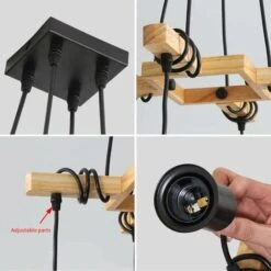 Suspensions Vintage, Plafonnier Industriel En Bois Et Métal Noir, 4 Ampoules E27 Non Incluses, Max 60W, Pour Salon Ou Restaurant -EUROPALAMP Soldes Magasin 89966681 5