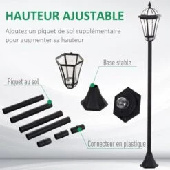 OUTSUNNY Lot De 2 Luminaires Extérieurs Solaires Lampadaires Lanternes Classiques LED 15 Lm Ø 18,5 X 129H Cm Noir -EUROPALAMP Soldes Magasin 92482952 5