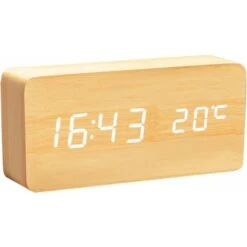 Horloge Numérique En Bois Multifonctionnel LED Réveil Commande Vocale Adapté à La Maison Lumière Blanche En Bois De Bambou
