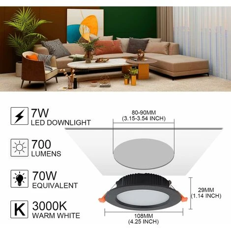 Spot Led Encastrable Noir Extra Plat, 2 Pack 7W 700LM = 70W Incandescence, IP44, 3000K Blanc Chaud, AC 220-240V,Découpe 80-90mm,Rond Ultraslim Plafond Encastré Pour Salle De Bain,Cuisine,Salon [Classe 2 Spot Led Encastrable Noir Extra Plat, 2 Pack 7W 700LM = 70W Incandescence, IP44, 3000K Blanc Chaud, AC 220-240V,Découpe 80-90mm,Rond Ultraslim Plafond Encastré Pour Salle De Bain,Cuisine,Salon [Classe – Image 2