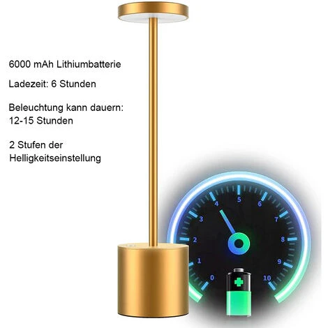 Lampe De Table Sans Fil, Batterie Rechargeable 6000 MAh, 2 Niveaux De Luminosité, Lampe De Chevet En Métal, Pour Salon, Chambre à Coucher, Bureau, Studio (doré) 2 Lampe De Table Sans Fil, Batterie Rechargeable 6000 MAh, 2 Niveaux De Luminosité, Lampe De Chevet En Métal, Pour Salon, Chambre à Coucher, Bureau, Studio (doré) – Image 2