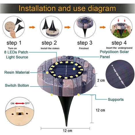 4pcs IP65 étanche Résine Solaire Lumières Jardin 16LED Blanc Chaud Paysage éclairage LED Encastré Spot Solaire Extérieur Pour Cour Allée Pelouse 4 4pcs IP65 étanche Résine Solaire Lumières Jardin 16LED Blanc Chaud Paysage éclairage LED Encastré Spot Solaire Extérieur Pour Cour Allée Pelouse – Image 4