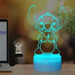 Lampe Stitch,Veilleuse De Dessin Animé 3D Enfant Rechargeable Lampe De Chevet De Chambre USB Télécommande 16 Couleurs Lampe De Bureau Illusion Décoration De Chambre De Bébé Doux Fille(Crack Stitch)
